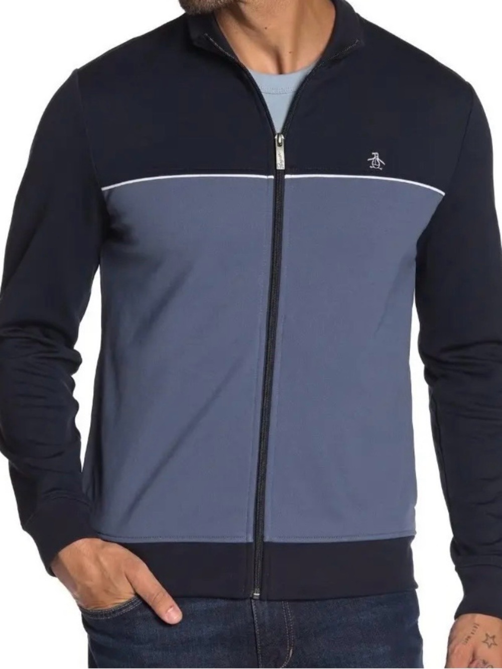 Original Penguin XL Full Zip Blue Colorblock Logo Golf Track Jacket Sweatshirt